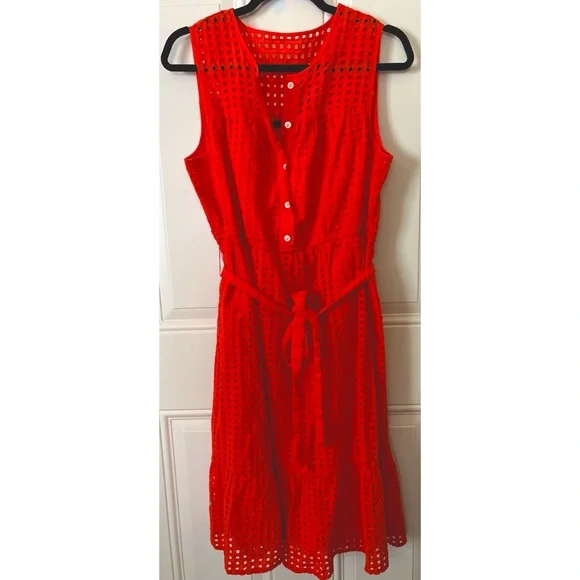 J. Crew All Over Eyelet Sleeveless Button-Down Belted Dress in Red. - Picture 1 of 9